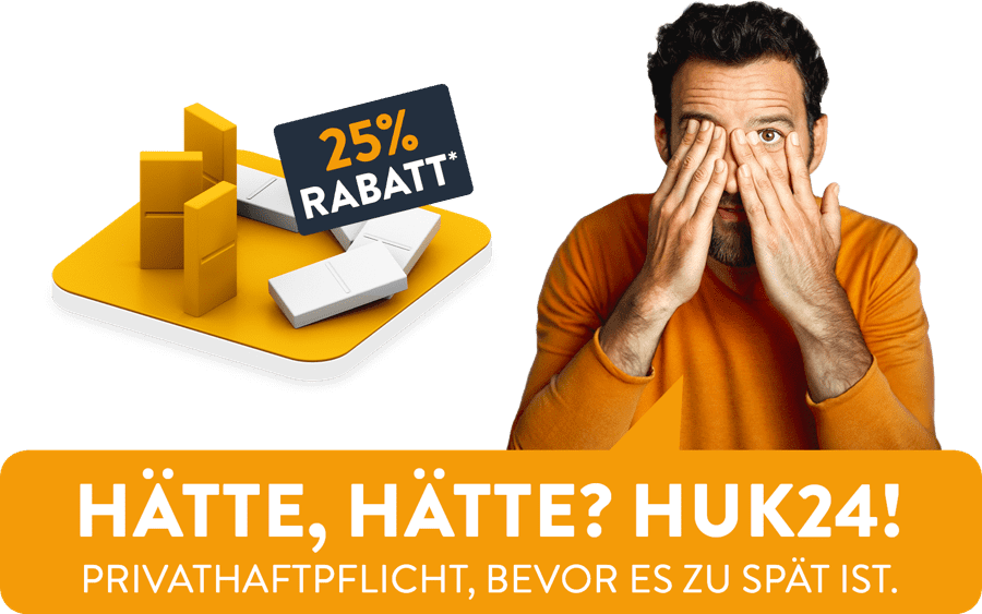 Mann lugt zwischen seinen Händen hervor. Text: Hätte, hätte, HUK24!