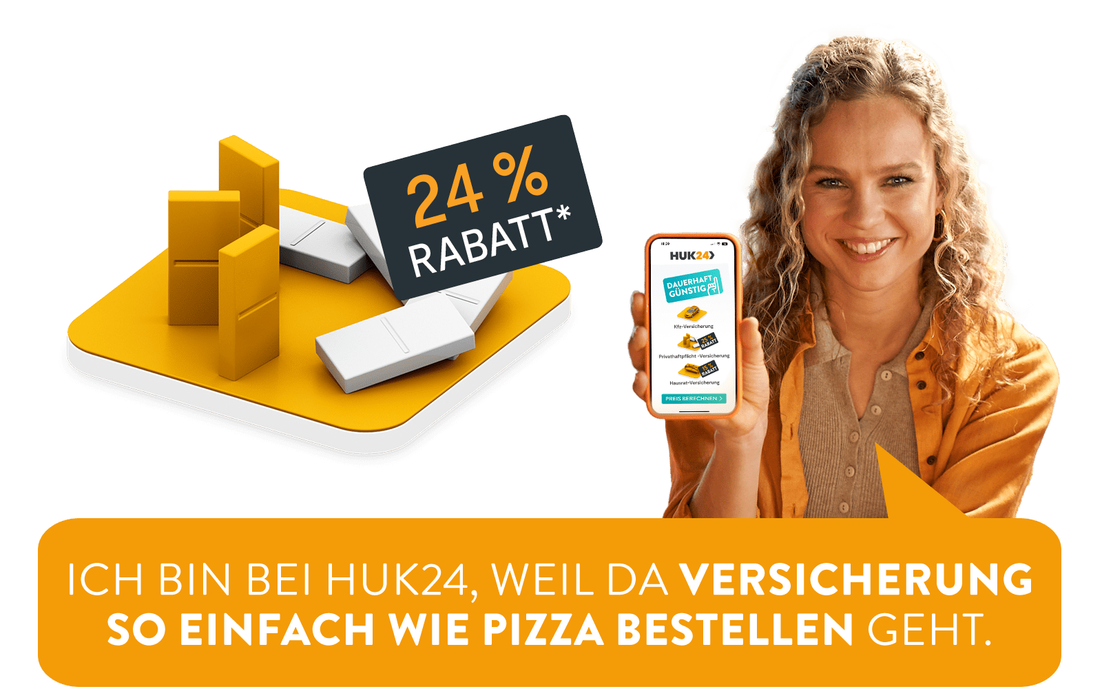 Frau hält Handy hoch vor und bewirbt die 24% Rabatt auf die Privathaftpflichtversicherung der HUK24