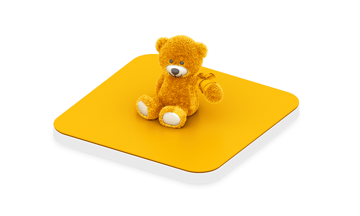 Teddybär mit verbundenem Arm auf orangener Bühne