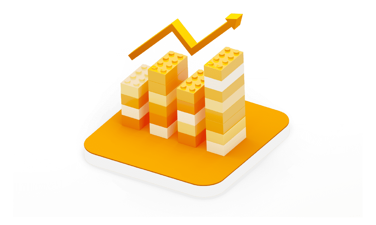 Börsendiagramm aus Klemmstecksteinen auf orangener Bühne