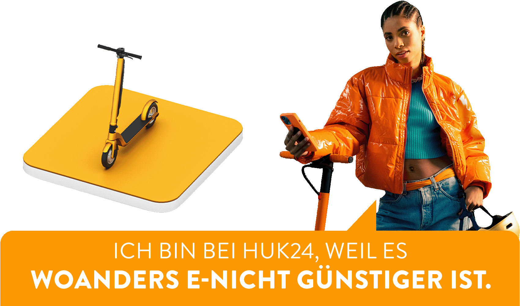 Frau mit E-Scooter und Handy in der Hand