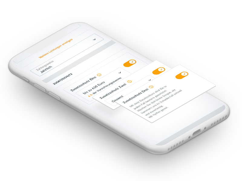 Ein stilisiertes Smartphone, das Zusatzoptionen zu Versicherungstarifen anzeigt